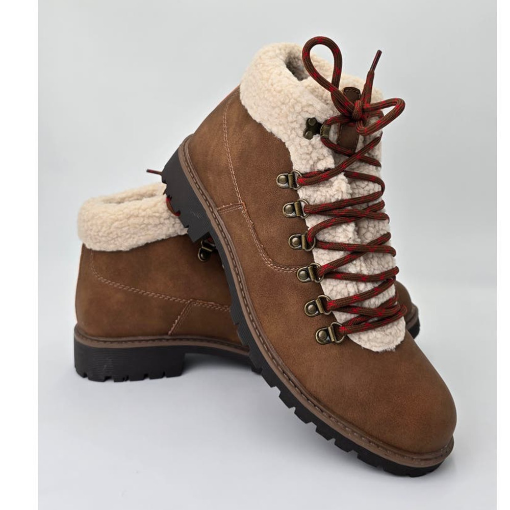 Sun + Stone Glenn Brown Faux Leather Sherpa Trim Memory Foam Boots Mens 10.5M - Picture 7 of 10